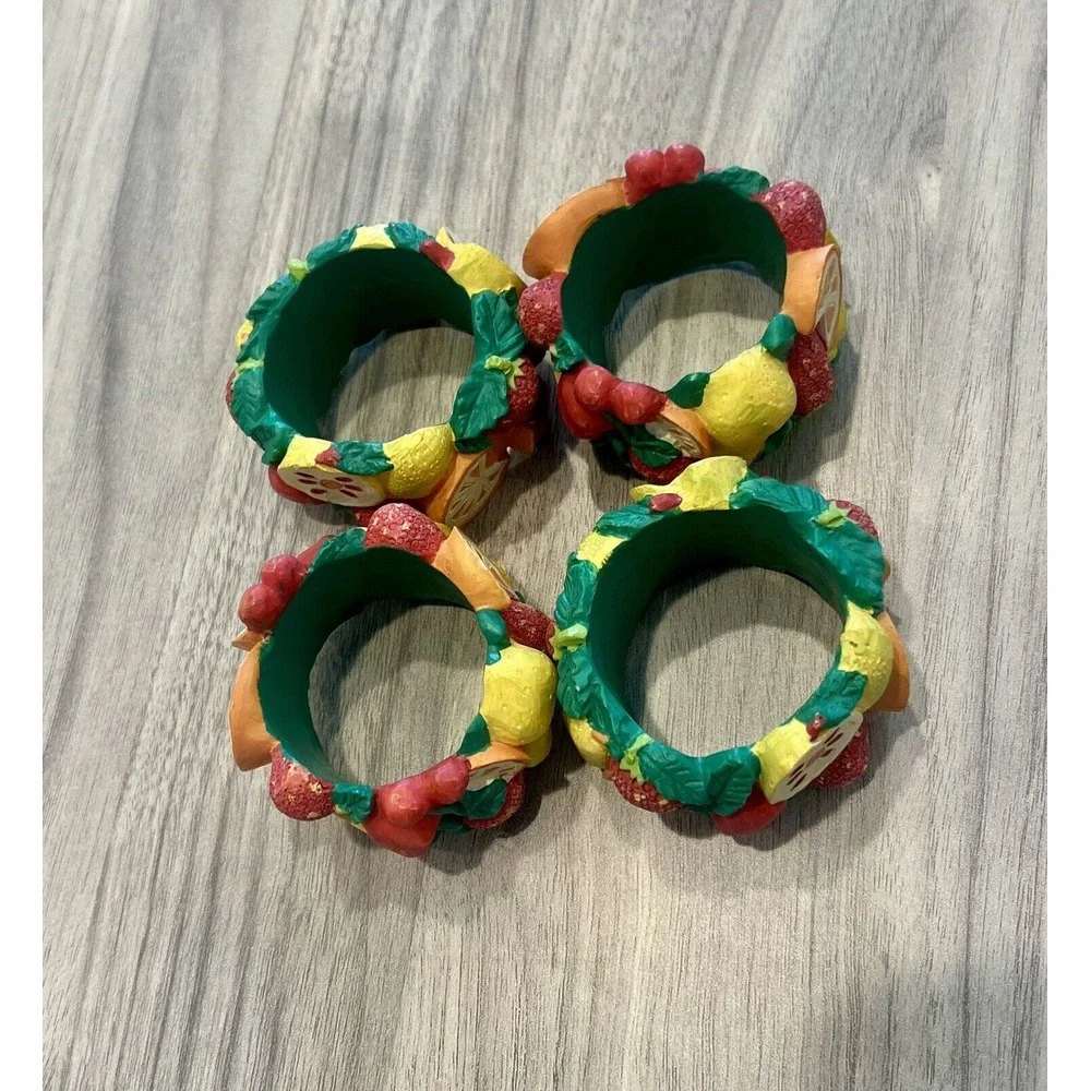Vintage Mixed Fruit Set Of 4 Napkin Ring Holders Cherries‎ Strawberries Resin